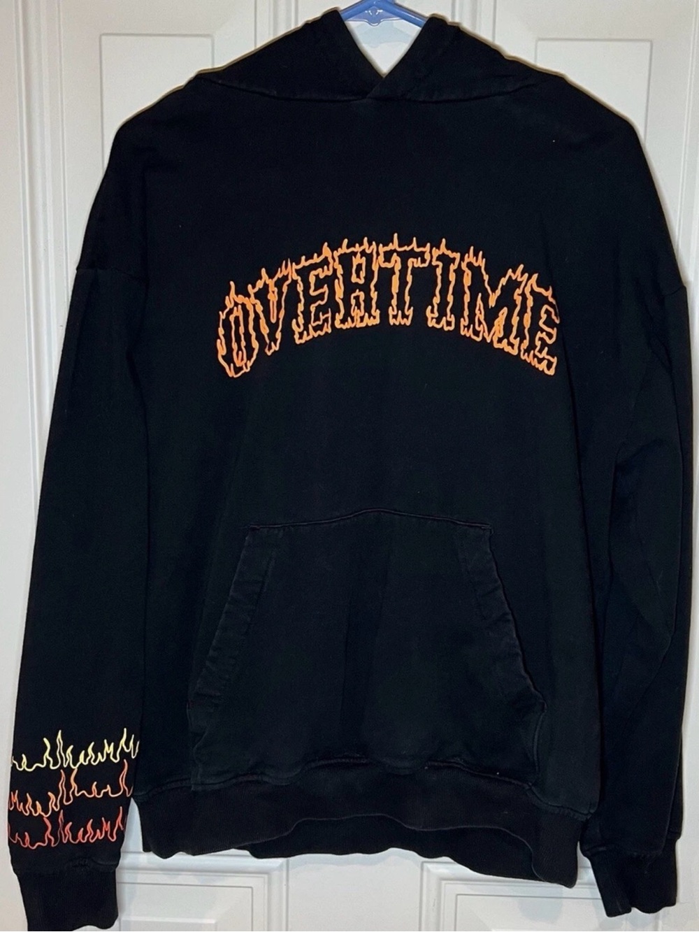 Men’s OVERTIME Black Hoodie Size Large w/ Flames Fire Sweatshirt L